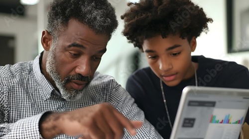 Experienced mentor guiding and advising young professional on digital tablet pointing at career growth charts and data analytics to support their development and success