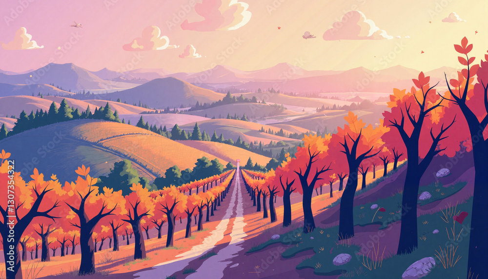 Fototapeta premium Surreal vineyard landscape at dawn with autumn colors, ethereal beauty