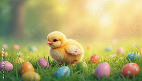 Fluffy baby chick resting in Easter meadow among painted eggs, spring joy