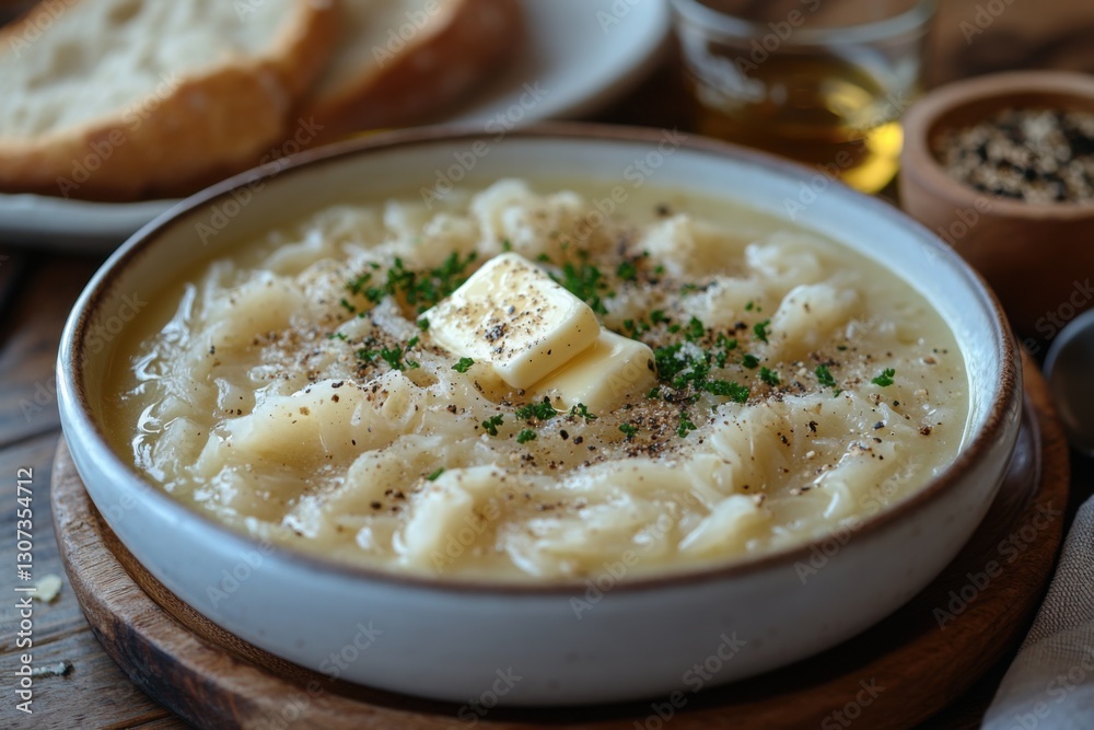 Comforting bowl of homemade onion soup with butter and herbs served with crusty bread on a wooden table Warm and inviting Comforting bowl of homemade onion soup with butter and herbs served with crusty bread on a wooden table Warm and inviting
