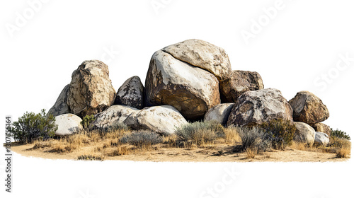 PNG. Pile of large desert rocks with dry grass and shrubs isolated on white background in a natural landscape