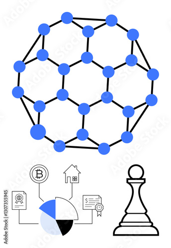 Geometric blockchain network with blue nodes, icons for cryptocurrency, house, financial documents, chart, and chess pawn. Ideal for finance, tech, innovation strategy teamwork cryptocurrency