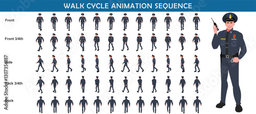 Police Officer Character walk cycle animation sequence. Front walk frame by frame animation sprite sheet.