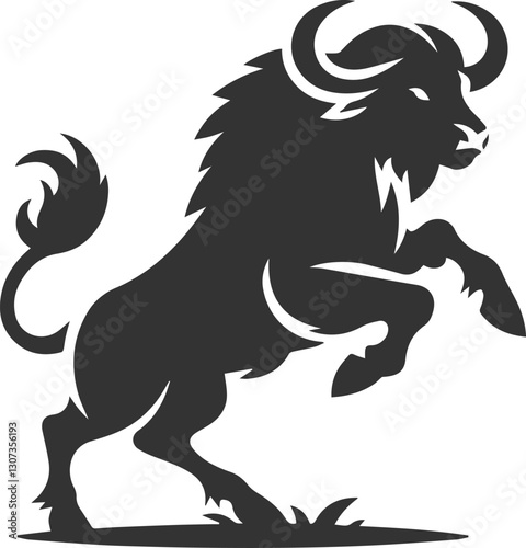 Buffalo rearing up on hind legs, front hooves kicking animal vector silhouette