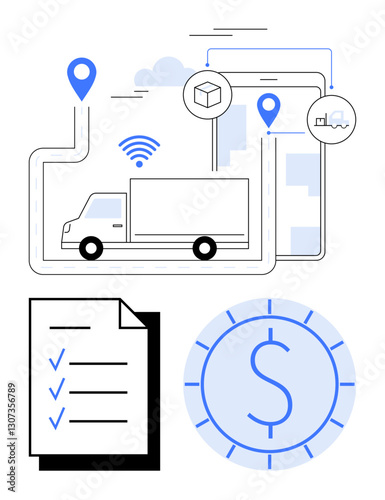 Delivery truck on route with GPS tracking and data icons, checklist for task management, and a dollar sign for cost efficiency. Ideal for logistics, supply chain, delivery, tracking, technology