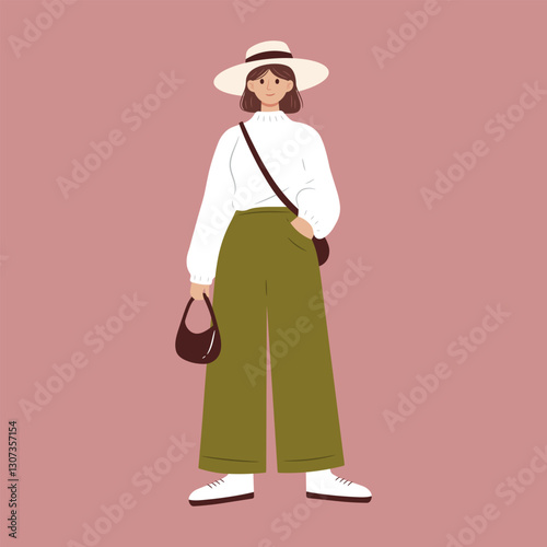 A stylish woman in a casual outfit with a sweater, wide-leg pants, and a fashionable hat. She carries a small handbag and a crossbody bag. Street fashion. Vector illustration isolated from background.