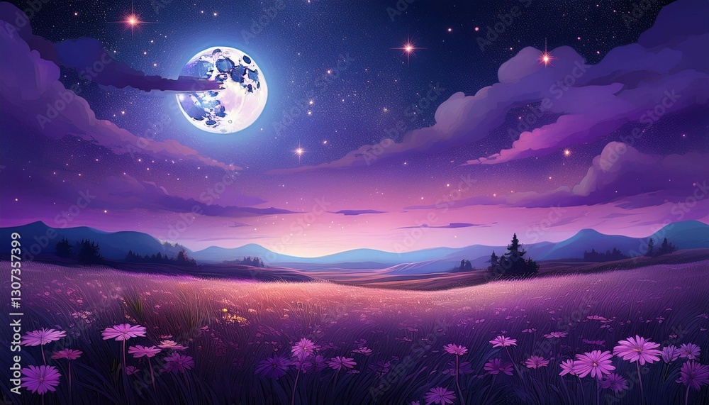 Fototapeta premium the moon casts a soft purple glow over a peaceful meadow stars serene sky