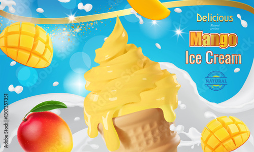 Mango soft serve ice cream ads. Realistic wafer cone with yellow ice cream curl and delicious mango fruit pieces 3d illustration