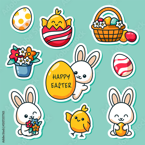 Set of Easter stickers. Rabbits, eggs, flowers