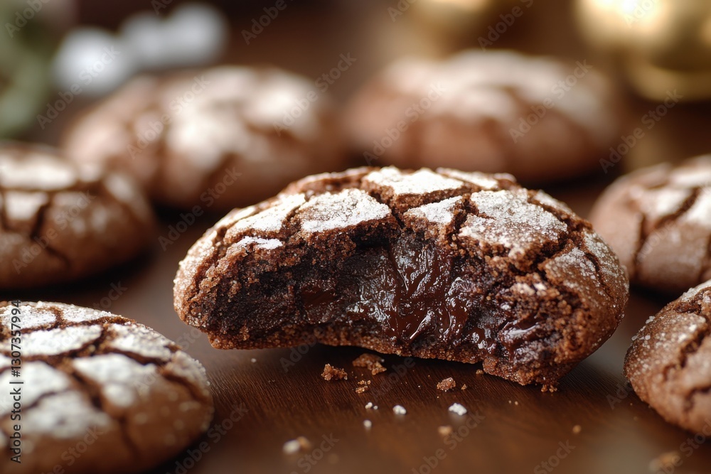 Delicious chocolate cookies baked to perfection and dusted with sweet white powdered sugar One is bisected revealing its rich dark chocolate core Delicious chocolate cookies baked to perfection and dusted with sweet white powdered sugar One is bisected revealing its rich dark chocolate core