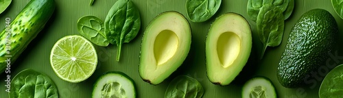 Refreshing and nutritious green smoothie made with fresh avocado cucumber and spinach served in a transparent mason jar with a slice of lime capturing the essence of a clean healthy