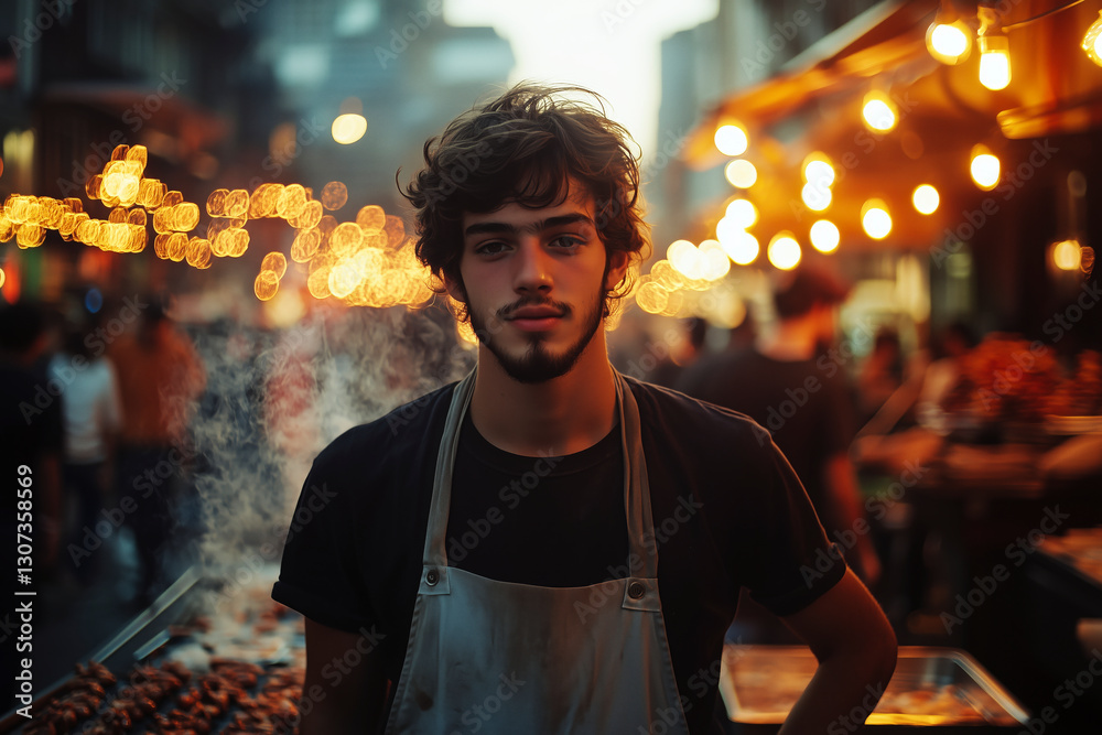 Portrait of a Young Man at a Night Market, City Street Food Vendor, Evening Ambiance