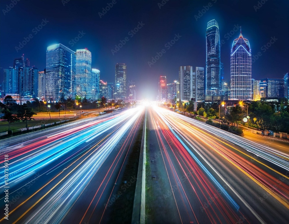 Obraz premium futuristic cityscape with neon lights and motion blur of car lights on highway at night concept of speed technology and urban life