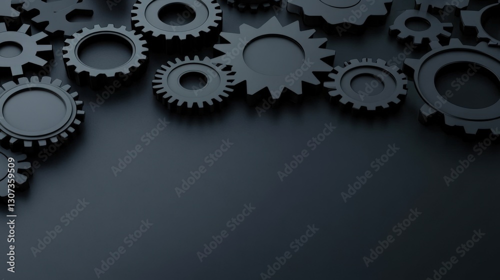 A collection of black gears arranged on a dark surface, perfect for representing technology, engineering, or mechanics, Ideal for backgrounds or visuals in presentations about innovation or industry, A collection of black gears arranged on a dark surface, perfect for representing technology, engineering, or mechanics, Ideal for backgrounds or visuals in presentations about innovation or industry,