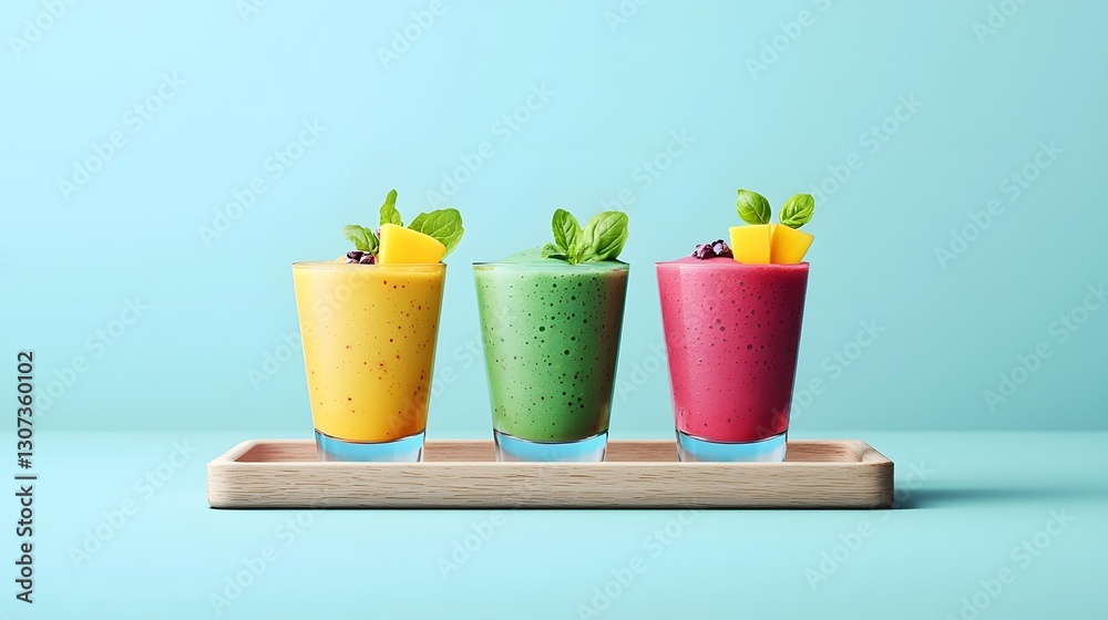 Fototapeta premium Three Vibrant Vegan Smoothies in Glasses Featuring Mango Beetroot and Matcha Flavors Arranged on a Wooden Serving Tray Healthy Refreshing Plant Based Drinks for a Nutritious Lifestyle