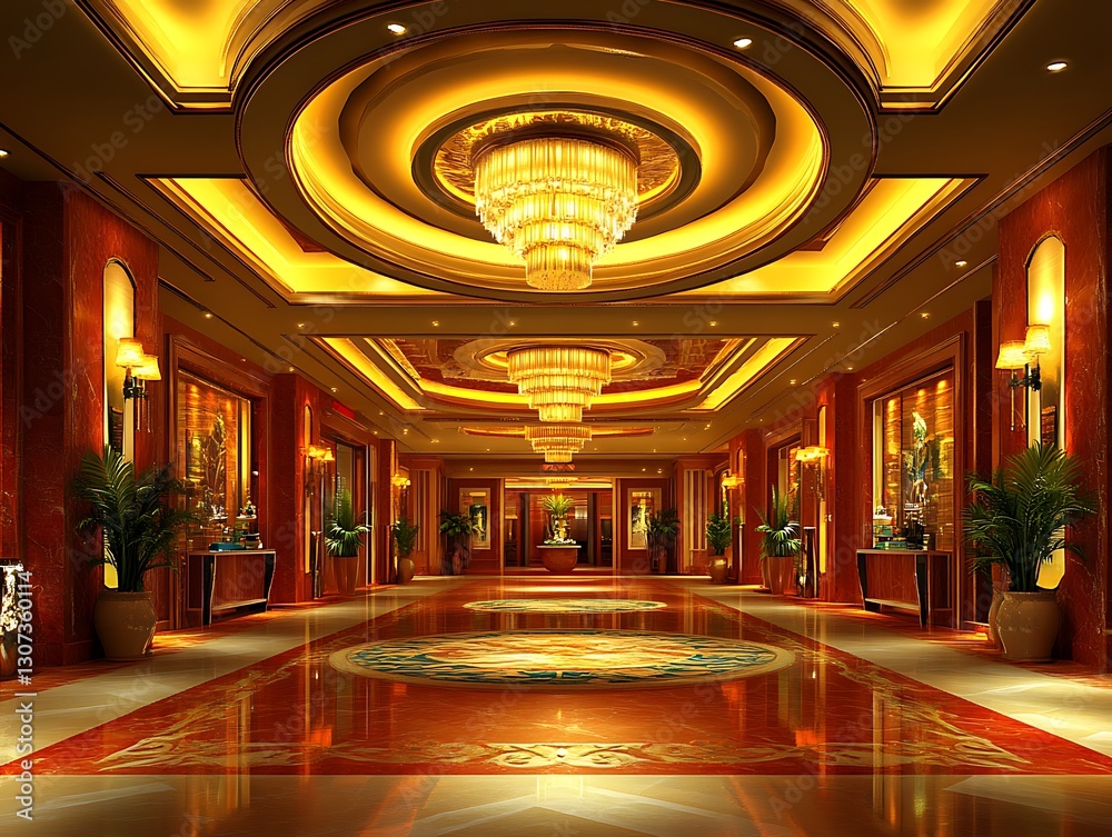 Obraz premium A luxurious hotel hallway with elegant chandeliers and ornate decor