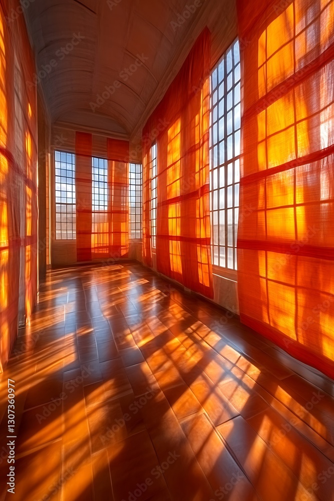 Orange Light Through the Windows Illuminating Interior with Wooden Floor Orange Light Through the Windows Illuminating Interior with Wooden Floor