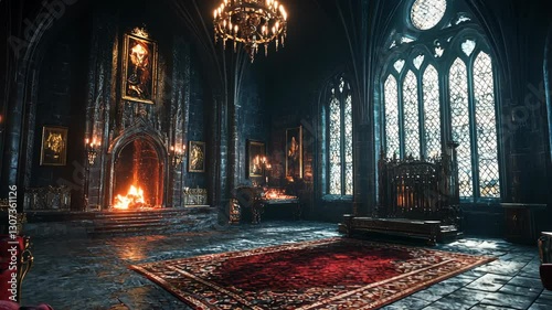 Majestic medieval hall with grand fireplace and ornate stained glass windows during dusk