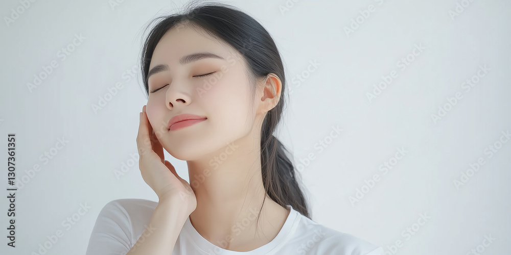 Young woman with serene expression touching her face, enjoying skincare routine, beauty, natural glow, minimalistic background, wellness and relaxation Young woman with serene expression touching her face, enjoying skincare routine, beauty, natural glow, minimalistic background, wellness and relaxation