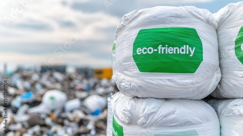 Fake Recycle Concept, Stacks of Falsely Labeled Eco-Friendly Items Discarded in a Landfill with a Stormy Sky