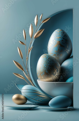 Decorative Easter eggs in elegant blue tones with gold accents