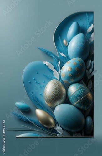 Elegant Easter Eggs with Gold Accents on Minimalist Abstract Blue Background, Easter card