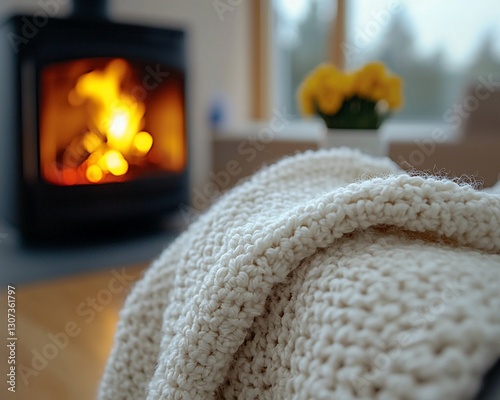 Cozy Knitted Blanket by Fireplace, Winter Home