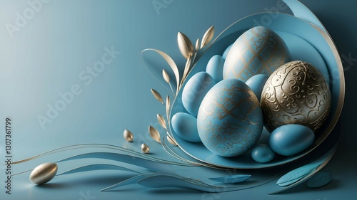 Elegant Easter eggs with gold patterns in blue tones