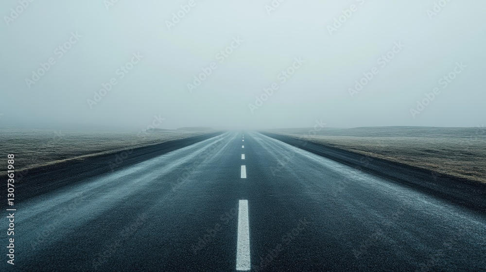 Serene Isolated Road Leading into Foggy Horizon with Soft Light, Capturing the Essence of Mystery and Calm in an Uninhabited Landscape Serene Isolated Road Leading into Foggy Horizon with Soft Light, Capturing the Essence of Mystery and Calm in an Uninhabited Landscape