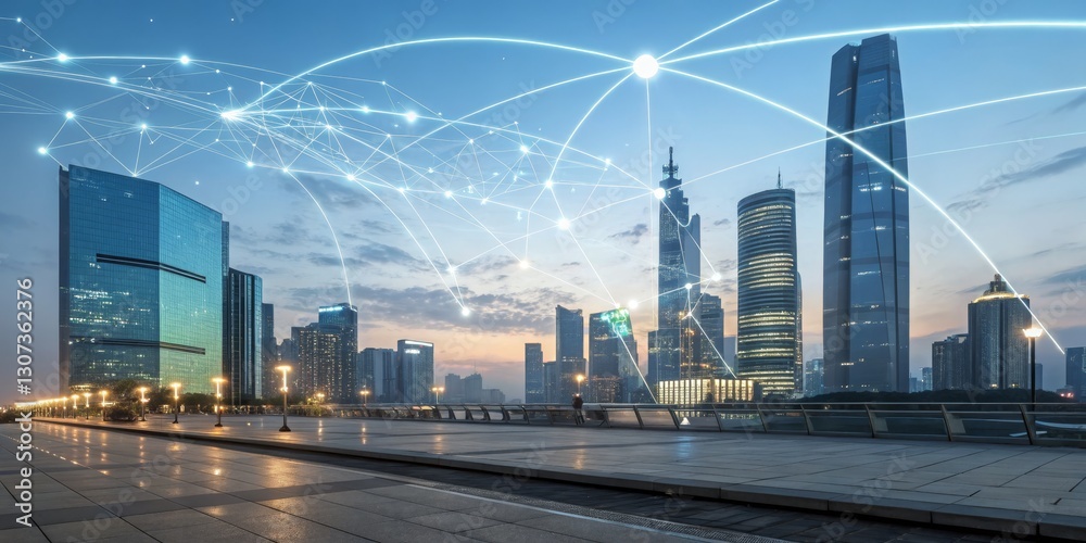 Fototapeta premium Smart City Network Night cityscape, digital connection overlay, urban infrastructure, technology. Smart City, Network Connectivity