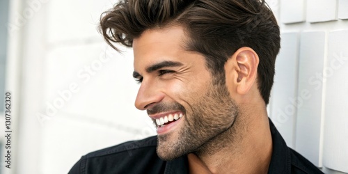 Smiling Man Profile Close-up, Side View Composition, Handsome, Happy Expression, Male Portrait, Men's Grooming Male Portrait, Men's Fashion