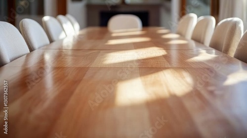 Elegant Scandinavian style extendable dining table crafted from natural ash wood in a minimalist setting with soft linen chairs and warm natural lighting photo