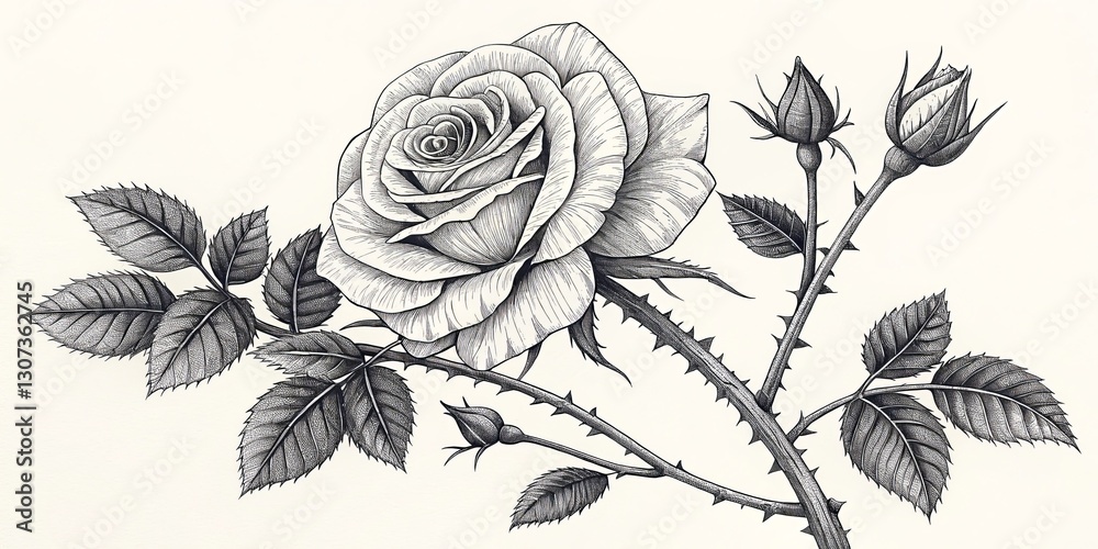 Pen and Ink Rose Drawing Detailed Botanical Illustration, Black and White, Floral Art. Rose, Botanical Illustration Pen and Ink Rose Drawing Detailed Botanical Illustration, Black and White, Floral Art. Rose, Botanical Illustration