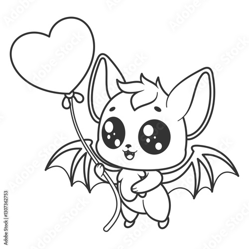 Cute bat feels happy to have a balloon, for coloring
