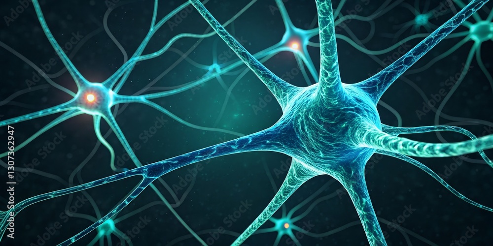 Neural Network Microscopic 3D Render Cyan Neuron Connections, Neuroscience, neurology Neuroscience, Neurology