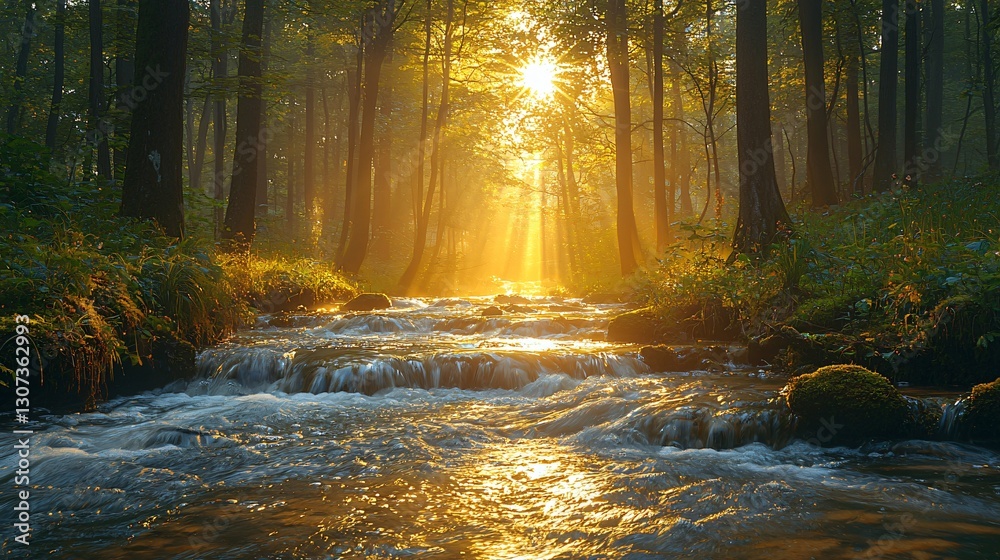 Obraz premium Serene Forest Landscape with Golden Rays of Sunlight Casting Reflections on Calm Stream Waters
