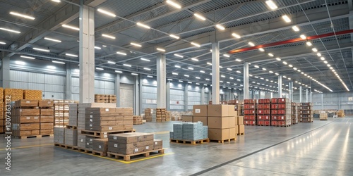 Modern Warehouse Interior Cardboard Boxes, High Ceiling, Bright Lighting, Logistics, Storage, Distribution, Inventory Logistics