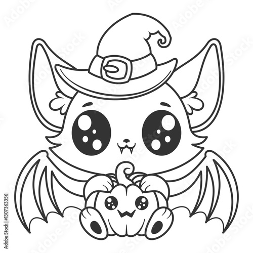 Cute bat sitting carrying a pumpkin and wearing a witch's hat, for coloring