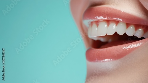 Smiling mouth with bright white teeth showcases recent dental check up on soft pastel background Generative AI