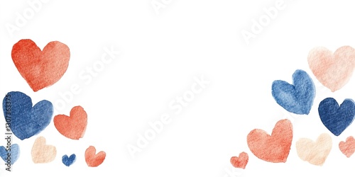 watercolor hearts in red, b...