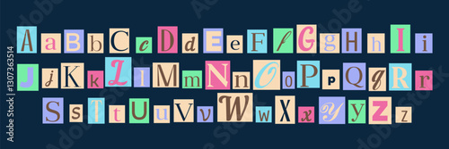 Neon Blackmail Ransom Anonymous Notes. Criminal or detective font. Diverse newspaper cutout alphabet for collages and scrapbooking. Vector illustration