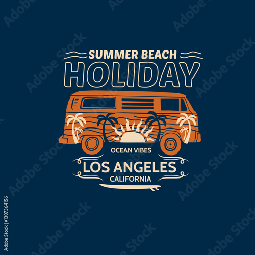 Summer  beach Holiday Los Angeles California camper van vector illustration