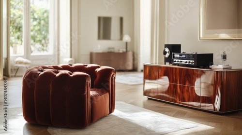 Luxury custom made armchair featuring deep red velvet upholstery and a sculptural wooden frame in a high end minimalist living room