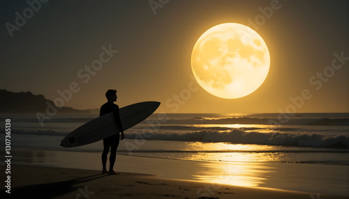 Surfer Holding a Board Under a Full Moon