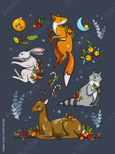 Illustration of a deer, raccoon, bunny and fox with Christmas supplies like candy cane, mandarins and toys in a magical winter atmosphere on a dark blue background