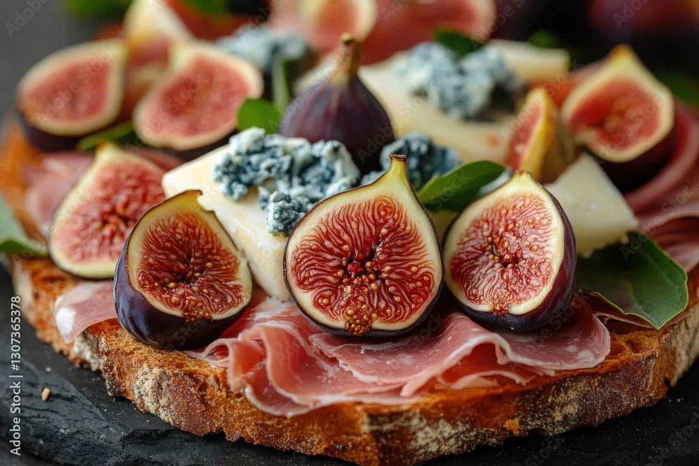 Gourmet Appetizer: Figs Cheese and Ham on Toast Delectable flavors visually appealing arrangement Perfect bite for any occasion Gourmet Appetizer: Figs Cheese and Ham on Toast Delectable flavors visually appealing arrangement Perfect bite for any occasion