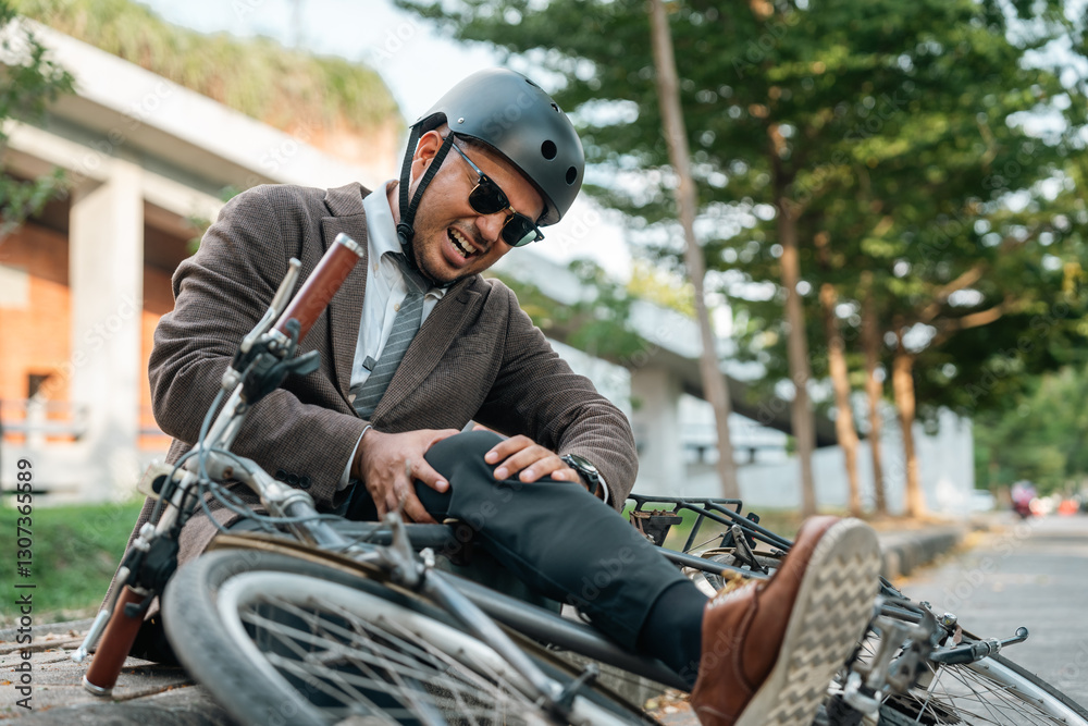 Obraz premium Asian Businessman falling off bicycle in city. Accident Injury leg pain. Broken leg Cyclist falls off the bike. Accident on the road.