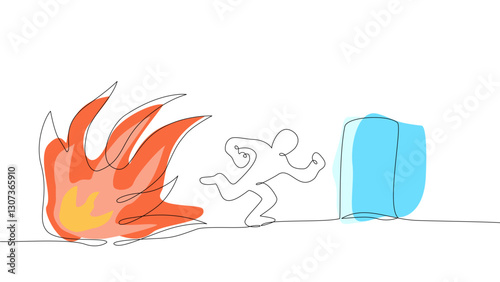 Continuous one line drawing of a person escaping from fire towards safety. Minimalist and symbolic, for concepts of emergency, danger, survival, and protection. Doodle cartoon vector, Editable stroke
