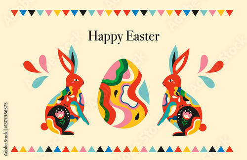 Colorful design with easter rabbit and easter egg. Happy easter greeting card with decorative easter bunnies photo