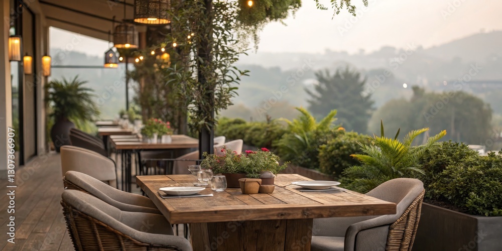 Fototapeta premium Rustic Outdoor Restaurant Table Setting Wooden Table, Greenery View, Warm Lighting, Restaurant Design Restaurant,Outdoor Dining, Table Setting